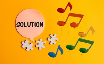 The word solution and music notes