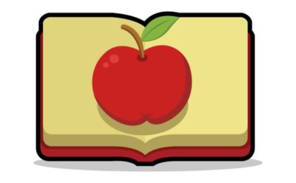 A book with an apple on the page