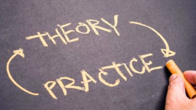 Words "theory and practice" on a calk board