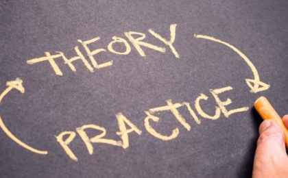 Words "theory and practice" on a calk board