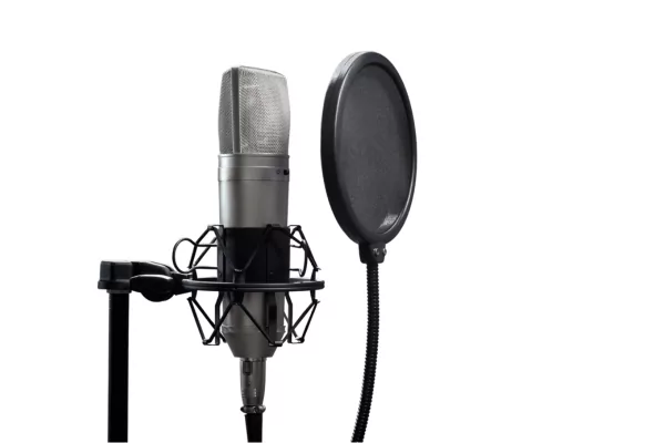 photo of a condenser microphone with a pop filter