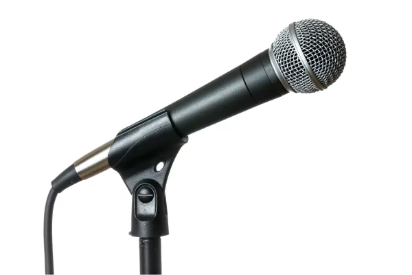photo of a dynamic microphone on a microphone stand