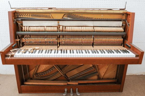Inside an upright piano