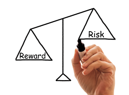illustration of a scale with the word reward weighing more than the word risk