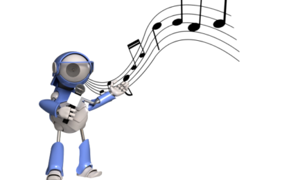 photo of a robot singing into a microphone