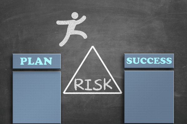 illustration of a figure jumping from a plan over a risk to success