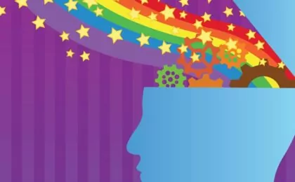 An illustrated head with thoughts flowing out