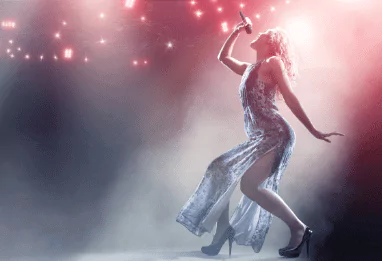 stylized photo of a woman singing in a spotlight
