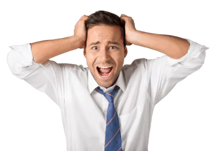 frustrated photo of a man with his hands on his head looking frustrated