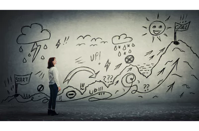 own journey photo of a woman standing in front of an illustration of her journey to her goal