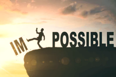possible photo of a man kicking the letters "im" away from the word "possible"