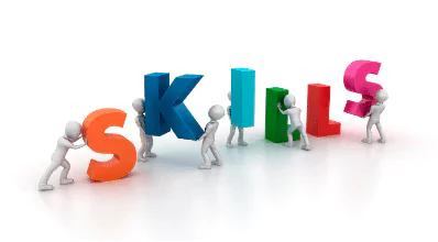 image of figures putting together letters to spell the word "skills"