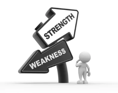 weakness photo of figure looking at two arrow signs that say "weakness" and "strength"